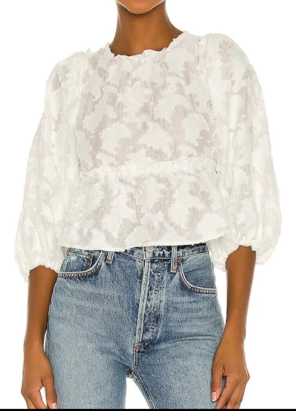 Free People Callie white burn out tie back balloon sleeve top Size Small Boho